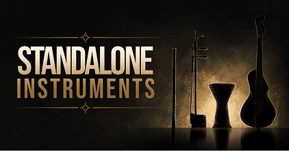 Standalone Instruments — silhouetted acoustic instruments in gold light